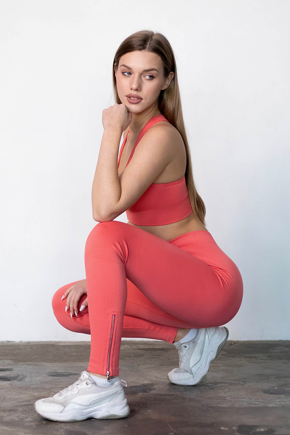 Легінси жіночі обтислі Flexit Urban Chic, декоративні блискавки знизу штанин, високий пояс coral M