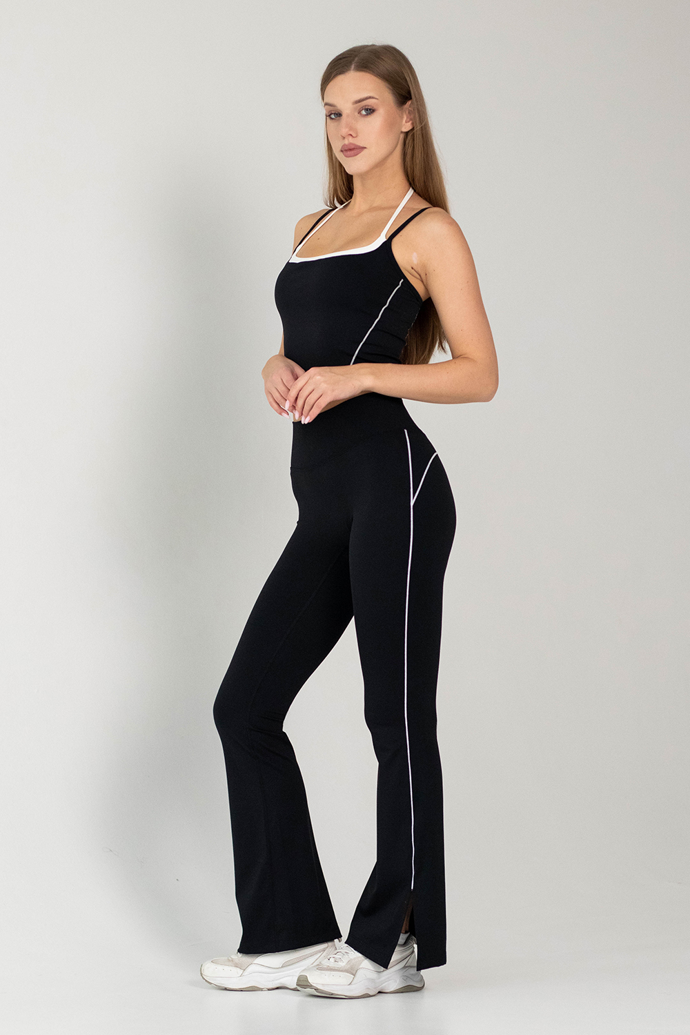 Легінси жіночі Штани спортивні Flexit Retro Stripe кльош, з білими лампасами та розрізами, висока талія black L